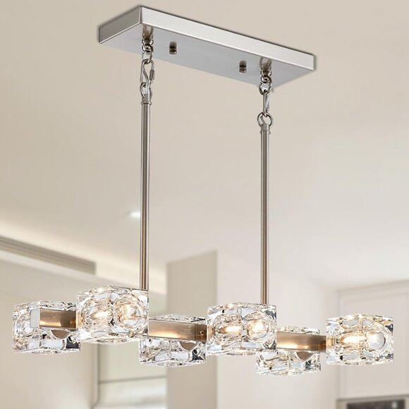 Modern Rectangular 6-Light Chandelier | Brushed Nickel,‎ Adjustable & Dimmable - Picture 1 of 9